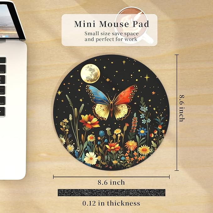 Mouse Pad for Desk, Butterfly Floral Small Cute Mousepad with Non-Slip Base, Round Mouse Pads for Wireless Mouse Laptop Gaming, Computer Mouse Mat for Home Office Travel Desk Accessories