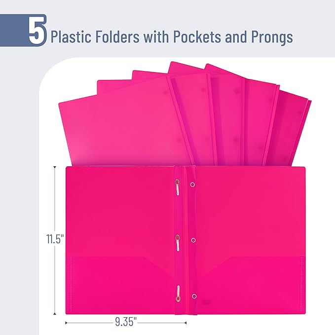 Mr. Pen- Plastic Folders with Pockets and Prongs, 5 Pack, Pink, Pocket Folders, Folders with Prongs, File Folders with Fasteners, 2 Pocket Folder, Folder with Pockets