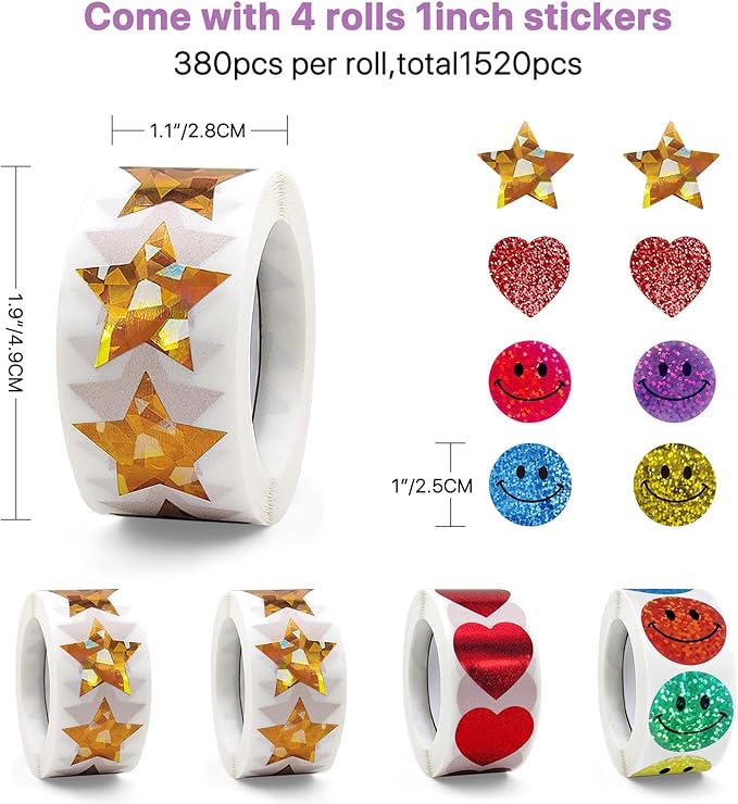 Manual Sticker Dispenser for Rolls of Stickers with 1520Pcs 1Inch Gold Star,Red Heart,Smiley Face Stickers for Kids Reward,Behavior Chart,School Classroom Student Teacher Supplies Gift(Purple)