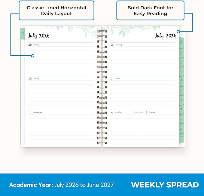 Blue Sky 2026-2027 Weekly and Monthly Academic Year Planner Calendar, July 2026 - June 2027, 5" x 8", Flexible Cover, Wirebound, Laminated Tabs, Laurel