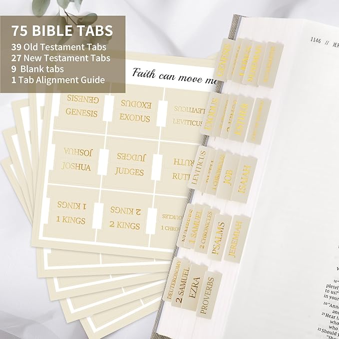 Bible Tabs for Women & Men, Laminated Bible Tabs for Study Bible, Large Print Bible Tabs for Easy Navigation, Bible Index Tabs, 66 Tabs Old & New Testament, Extra 9 Blank Tabs - Beige