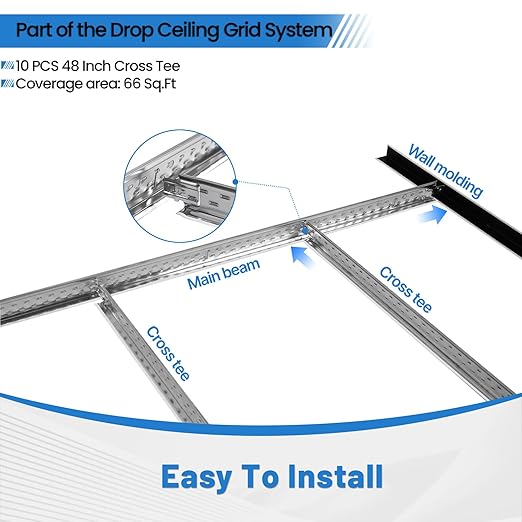 10 PCS 48 Inch Cross Tee Drop Ceiling Grid System, 4 Ft Galvanized Steel Rust & Fire Resistance Easy Installation, Ideal for Basement Living Room Garage Kitchen Bathroom White
