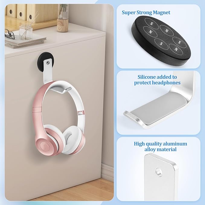 Magnetic Headphone Holder, Aluminum Headset Hooks, Headphone Hanger for Desk & Table, Headphone Mount Stand with Rubber Pad, Compatible with All Computer/Gaming Headsets (Silver)