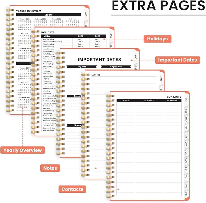 2026 Planner, Weekly and Monthly Calendar Planner, January 2026 - December 2026, Hardcover 2026 Calendar Book with Tabs For Women & Men, Inner Pocket, Spiral Bound, Perfect for Office Home School Supplies - A4 (8.5" x 11"), Coral