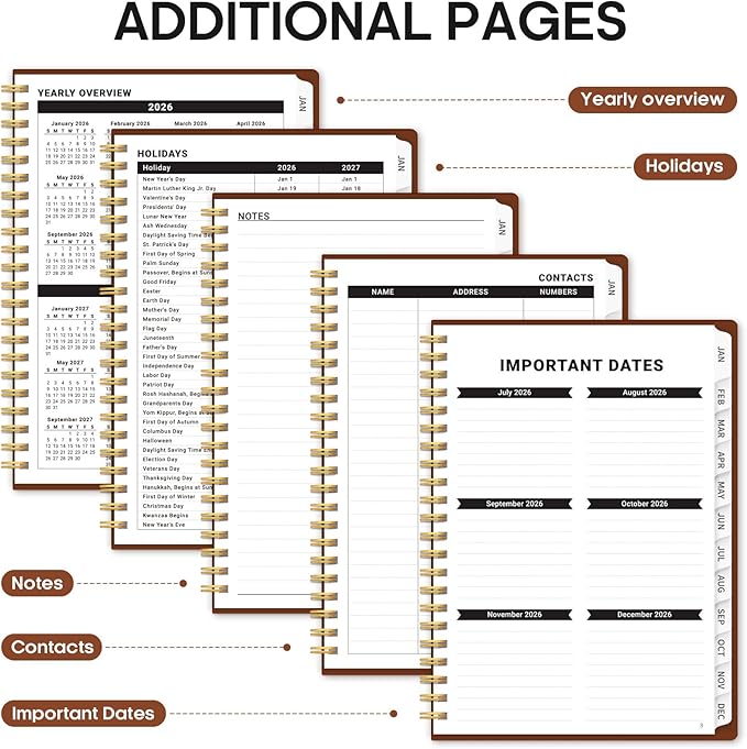 2026 Planner, Weekly and Monthly Calender Planner, Jan 2026 to Dec 2026, Hardcover 2026 Calendar Book with Tabs & Inner Pocket, Office Home School Supplies for Women & Men - A4 (8.5" x 11"), Rust Brown