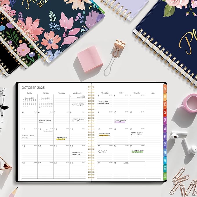GNL 2026 Planner, Weekly and Monthly Planner January - December 2026, 8.5" x 11" Monthly Planner with Waterproof Flexible Cover, Spiral Binding Notebook with Colorful Tab, Pockets, Bookmark, Black