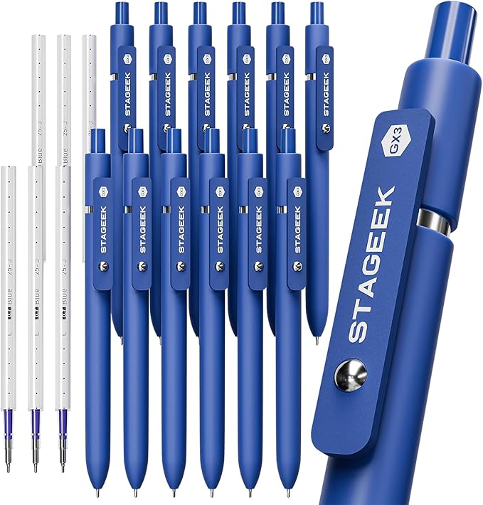 Blue Gel Pens, 12Pcs Quick Dry Blue Ink Pens with 3 Extra Refills, Fine Point Retractable Smooth Writing Pens for Journaling, Office, Note Taking, School Supplies, Nurse Aesthetic(Blue)