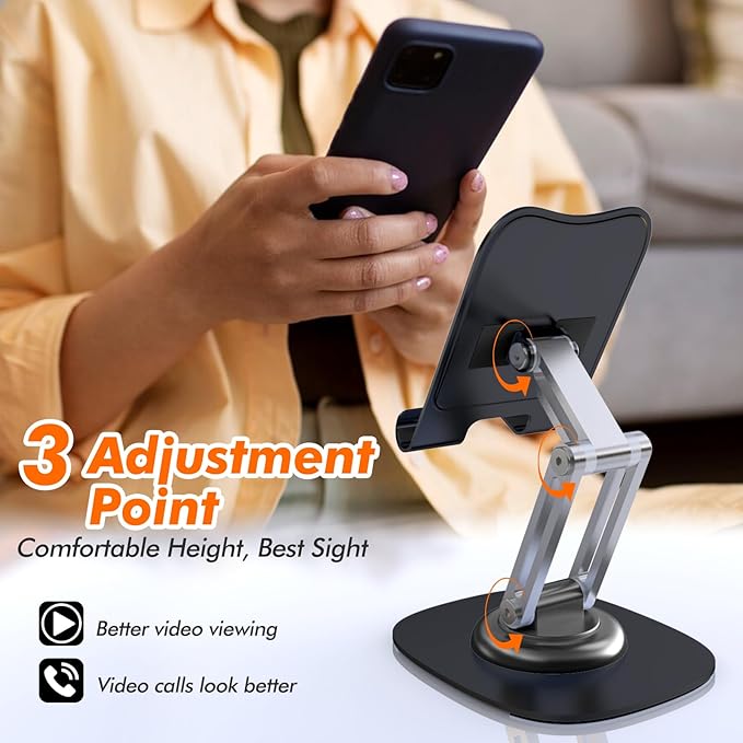 Metal Cell Phone Stand for Desk, Adjustable Foldable Desktop Phone Holder, 360 Degree Rotating Phone Stand for Recording Compatible with iPhone 17 16 15 14 13 12 11 Pro, Black