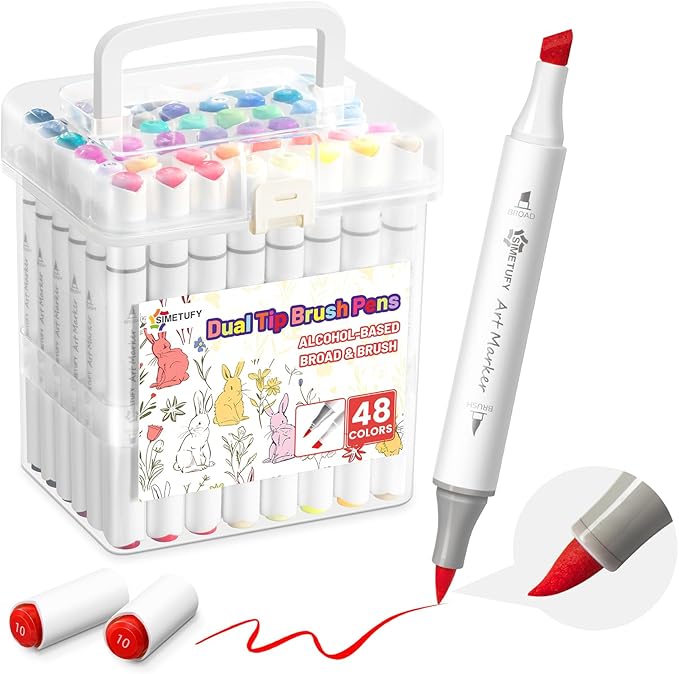 Simetufy 48 Colors Alcohol Markers Brush and Chisel Dual Tip, Coloring Art Markers Set for Adult Coloring Books, Drawing, Alcohol Based Bright Colors