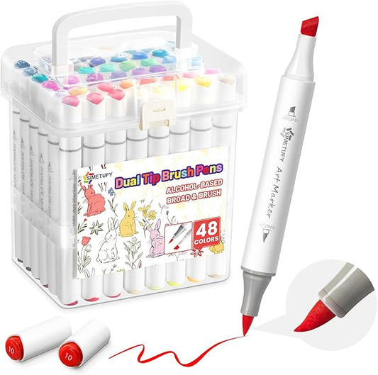 Simetufy 48 Colors Alcohol Markers Brush and Chisel Dual Tip, Coloring Art Markers Set for Adult Coloring Books, Drawing, Alcohol Based Bright Colors