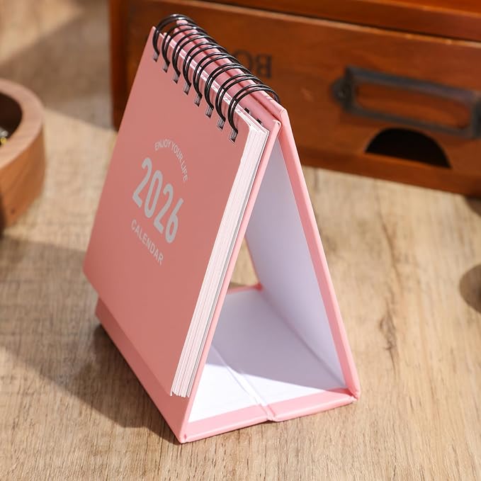 Mini Desk Calendar 2026-2027 - Use January 2026 to June 2027 Small Desktop Calendar Mini Daily Schedule Thick Paper Twin-Wire Binding with Stickers for Home Office School (Mini Pink)