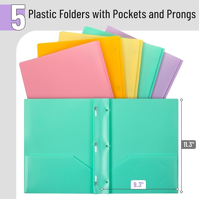 Mr. Pen- Plastic Folders with Pockets and Prongs, 5 Pack, Letter Size, Macaron Colors, Flexible Plastic Folders with Prongs