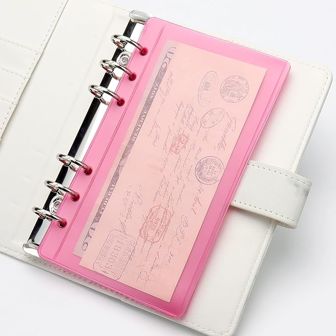 12pcs Pink A6 Binder Pockets Zipless Cash Envelopes Budget Binder Inserts PVC Sheet Protector for 6 Ring A6 Binders Organizer Accessories (Pink)