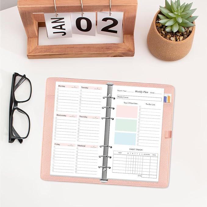 A6 Weekly Planner Refills for Filofax Personal Binders, 53 Sheets/106 Pages Undated Colorful Weekly Planner, 6-Hole Punched, 100 gsm White Paper, Last 1 Year, 3.75" x 6.75"