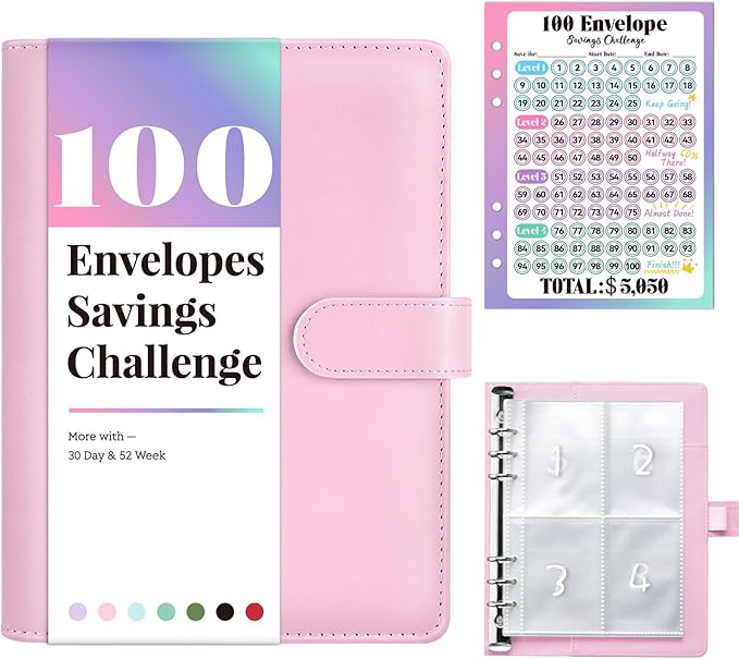 Sooez 100 Envelopes Money Saving Challenge, Savings Challenges Book with Envelopes, Flexible Saving $5050, $2600, $300, Savings Binder with 100 Pocket Pre-Number & Reusable Laminated Tracker