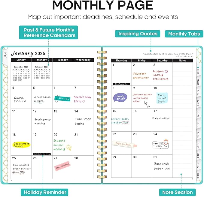 2026 Planner, Weekly and Monthly Calendar Planner, January 2026 - December 2026, Hardcover 2026 Calendar Book with Tabs For Women & Men, Inner Pocket, Spiral Bound, Perfect for Office Home School Supplies - A5 (6.3" x 8.5"), Aquamarine