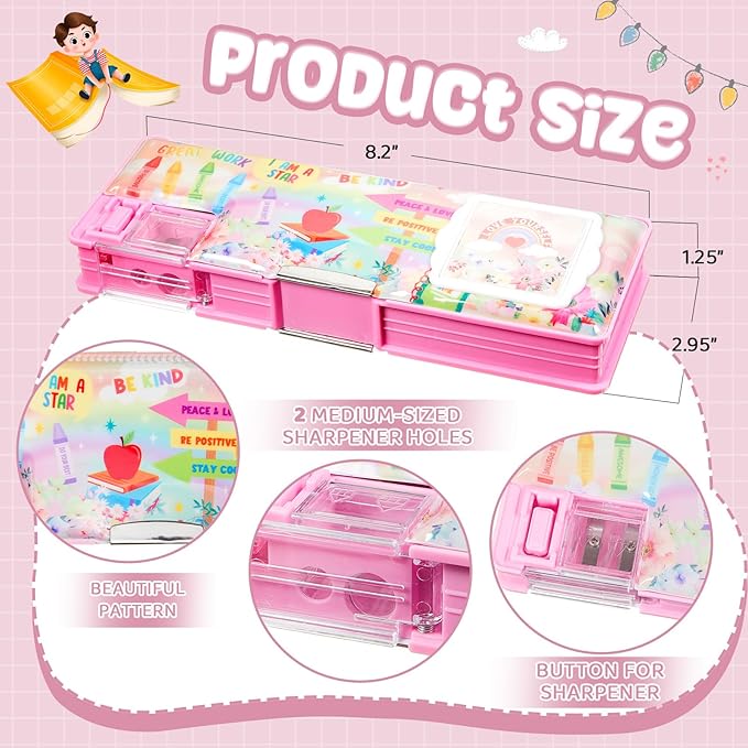 Henoyso Multifunctional Pencil Box for Girls Pink Inspirational Pencil Case with Calculator and Sharpener Cute Pencilcase School Supplies Essentials Christmas Birthday Gift Present for Kids Teens