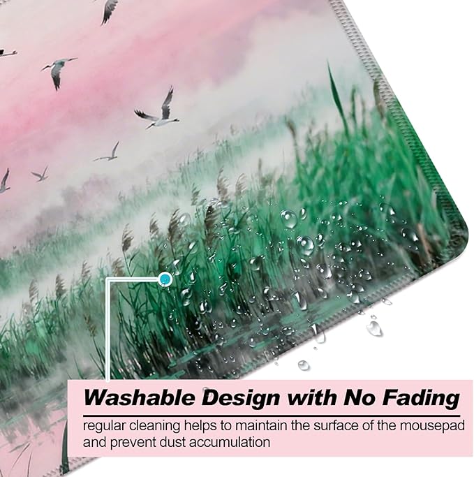 Fantasy Green Tower and Egret XL Large Desk Mat, Extended Long Desk Pad for Gaming and Office, Non-Slip Rubber Base, Comfortable Surface Mouse Pad, 31.5x11.8 in (H24)
