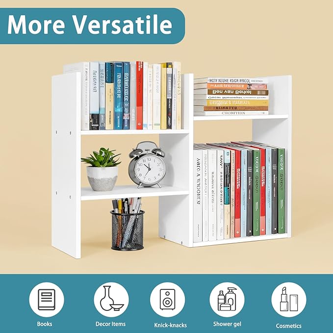 White Desktop Shelf Organizer for Top of Desk - Wood Desk Hutch for Dorm Room Essentials & Home Office - Small Tabletop Bookshelf for Storage & Decor Display