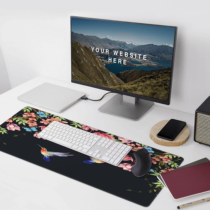 Extra Large Mouse Pads Hummingbirds and Flowers XXL Extended Mousepad with Stitched Edges Non-Slip Rubber Base Computer Keyboard Pad Desk Mat for Home Office Desk Decor, 35.4" X 15.7"
