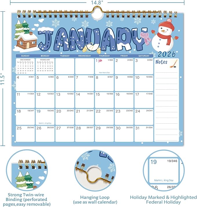 2026 Wall Calendar - 12 Monthly Calendar 2026, January 2026 - December 2026,11.5" x 14.8", 2026 Calendar with Twin-Wire Binding, Hanging Hook, Blocks and Julian Dates (Wall Calendar Seasonal)
