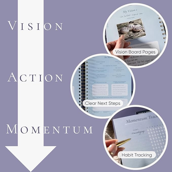 Manifestation Journal & Vision Board Kit Guided Journal | Self Improvement & Goal Planner with Habit Tracker for Self Care | Undated Vegan Leather Hardcover | Visions in Motion Portable Vision Board (Purple)