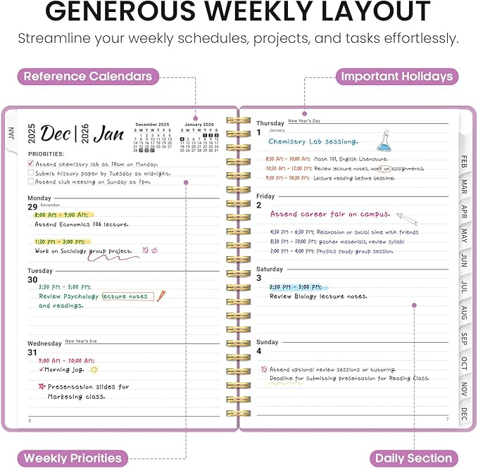 2026 Planner, Weekly and Monthly Calender Planner, Jan 2026 to Dec 2026, Hardcover 2026 Calendar Book with Tabs & Inner Pocket, Office Home School Supplies for Women & Men - A5 (6.3" x 8.5"), Boho Purple