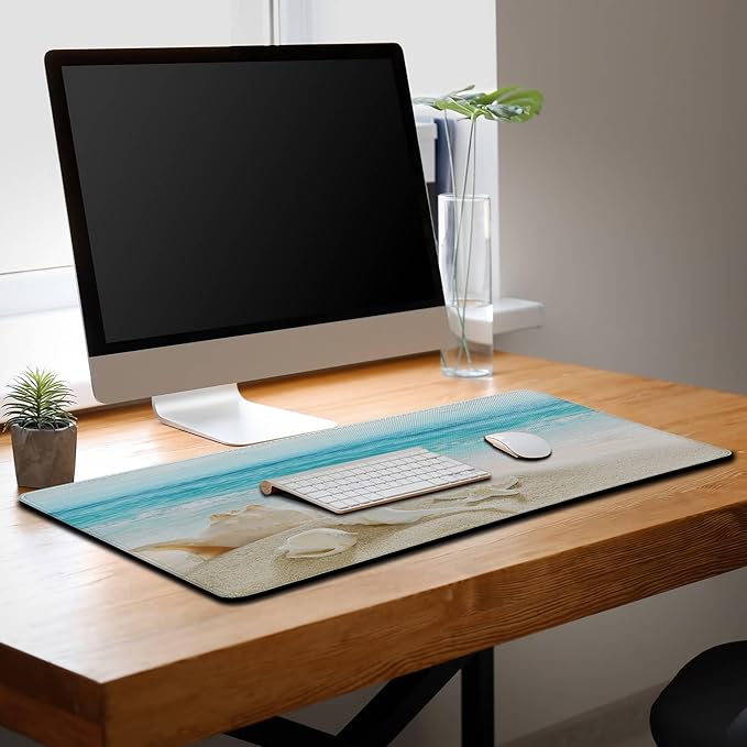 Office Desk Mat Keyboard Pad, Gaming Mouse Pad Large Desk Pad, The Desk Mat Waterproof Non-Slip Rubber Base, 35.4 X 15.7 inch for Work/Game/Office/Home Seashells, Ocean Seashells Sandy Beach