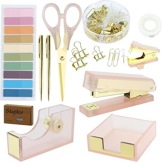 Buqoo Pink Acrylic Sticky Notes Holder Stapler and Tape Dispenser Cutter with Staple Remover, Sticky Notes, Paper Clips, Scissor, Ballpoint Pen for School Home N Office Supplies