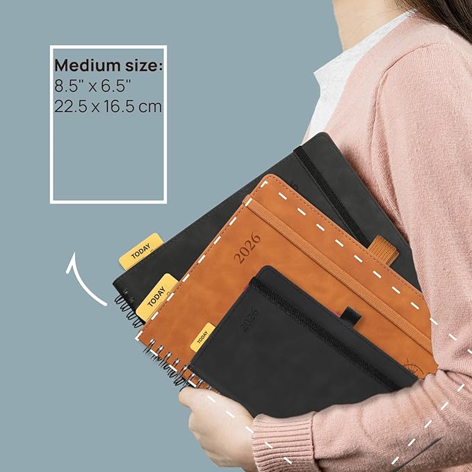 POPRUN 2026 Planner Weekly Notebook (Jan-Dec), Medium 8.5''x 6.5'' - Agenda 2026 Calendar Book with Monthly Tabs, Inner Pocket, Spiral Soft Cover, 100 GSM TJ - Brown