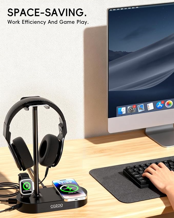 COZOO Headphone Stand with Fast Wireless Charging Pad and 2 USB Charging Ports, Suitable for Gaming, DJ, Wireless Earphone Accessories