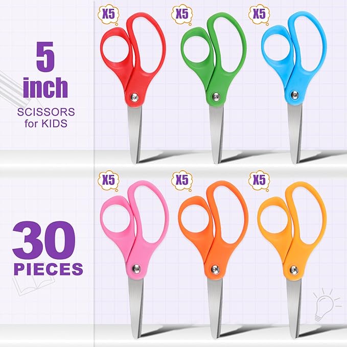 30 Packs 5" Small School Student Blunt Tip Craft Kids Scissors, Stainless Steel Blades Comfort Grip 5 Inch Safety Scissors Bulk for Children Toodler Cutting Paper