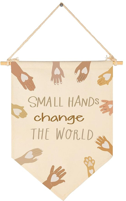 Equality Wall Banner-Inspirational Quote Rainbow Wall Flag Sign Pennant Poster Wall Decor Gifts for Classroom Nursery Preschool Kindergarten Library Reading Room Door-Small Hands Change the World