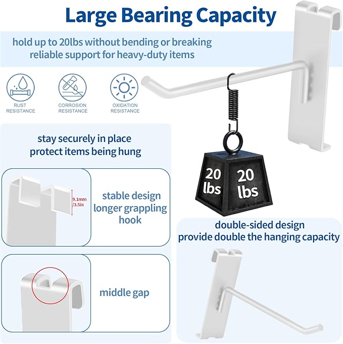 20Pcs Gridwall Hooks, Metal Grid Panel Hanging Peg Hooks, Grid Wall Accessory for Clothes Storage, Home Organization, Retail Display (White, 6"/15Cm)