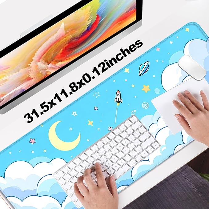 Minimalist Blue Gradient Clouds XL Large Desk Mat, Extended Long Star and Moon Desk Pad for Gaming and Office, Non-Slip Rubber Base, Comfortable Surface Sky Mouse Pad, 31.5x11.8 in