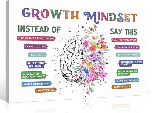 uoyien Classroom Growth Mindset Affirmations for Kids Mental Health Posters Brain Poster Psychology Special Education Calm Corner Wall Art Office Therapy Canvas Wall Decor Prints 16x24in Wrapped Canvas