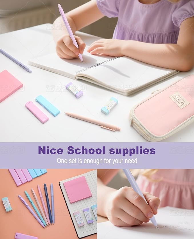 Aesthetic School Supplies with Cute Pencil Case, 12x Pastel Mechanical Pencils 0.5 & 0.7mm with 720x HB Leads, 4x Erasers and 1x Sticky Note, Suitable for Writing, Drafting Drawing Sketching(purple)