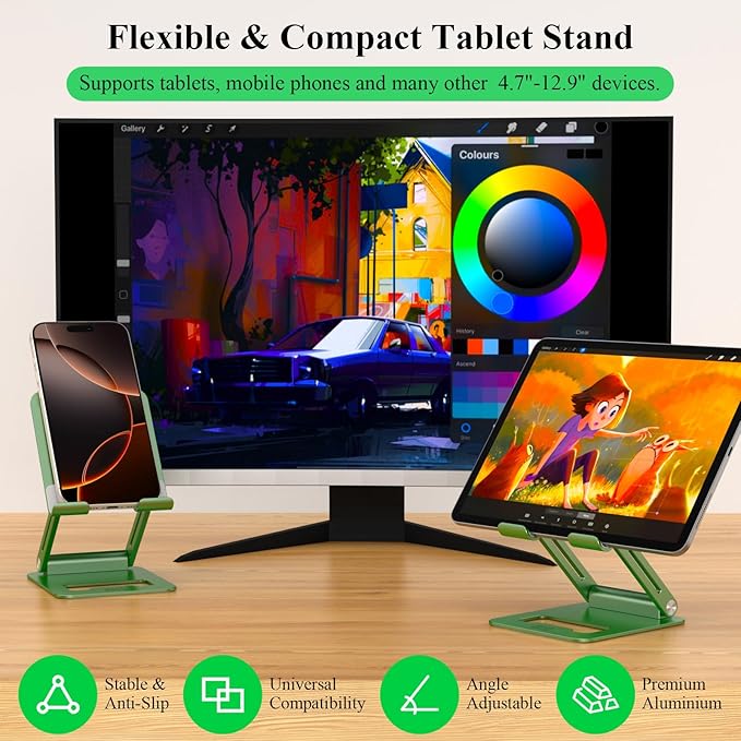Minthouz Tablet Stand, Multi-Angle Adjustable Tablet Holder, Aluminum iPad Stand Compatible with iPhone 17 16 15 14 13 Pro Max Mini, 12 11 XR X8 Plus SE, Smartphone (Green)