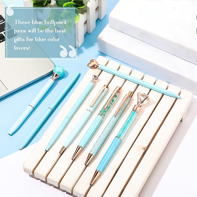 Janmini 9 Pcs Ballpoint Pens Set Metal Crystal Diamond Glitter Pens for Journaling Black Ink Pretty Cute Things Fancy Stationery Gifts for Women Girls Birthday Home Office Desk(Blue)