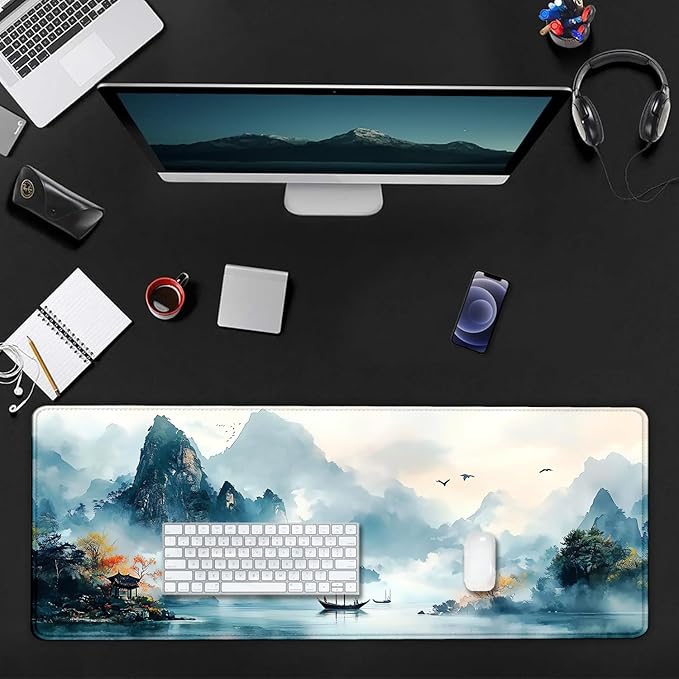 Japanese Mountain Landscape Painting Large Mouse Pad, Desk Mat Computer Keyboard Pad Non-Slip Rubber Base Waterproof with Stitched Edges for Laptop Gaming, Office & Home 31.5 x 11.8 Inch