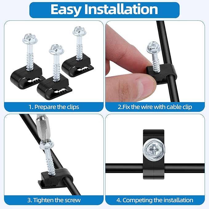Black Cable Clips with Inserted Screws, Flexible Single Cable Screw Clips, Electrical Wire Fastener, 100 PCS