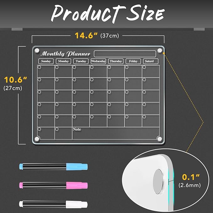 DIYMAG Magnetic Calendar for Refrigerator Dry Erase Whiteboard 15.2"x11.2" Magnet Fridge Monthly White Board Planning Acrylic Clear Chalkboard Apartment Decor Meal Planner with 3 Colors Markers