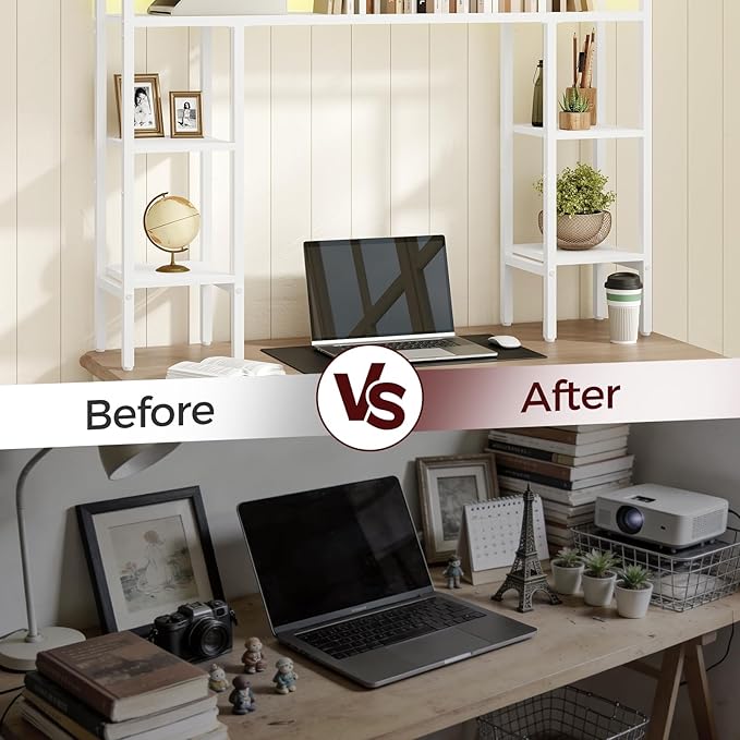 Desktop Shelf with LED Light Strip, Desktop Hutch with Adjustable Feet and Anti-Tip Kit, Storage Shelf with Particleboard Shelves and Wire Mesh, for Study, Home Office, White DSWT9801