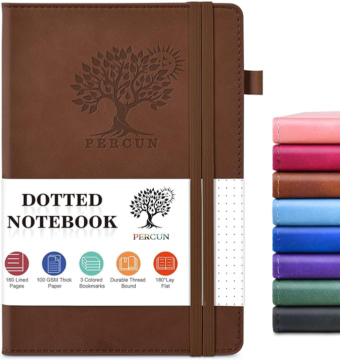 Dotted Journal Notebook for Men & Women, 160 Pages Dot Grid notebook for Note Taking, Bullet Journaling Notebook for Work, School, Travel, Writing, A5 Hardcover 5.9" x 8.5" (Brown)