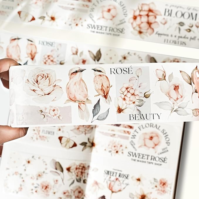WT Pre-Cut Sweet Rosé Wide PET Tape, Single Roll, Original Designs, Dreamy Rose Motifs & Subtle Handwritten Accents, Decorative Clear Tape for Journaling, Scrapbooking, Planner, DIY Crafts