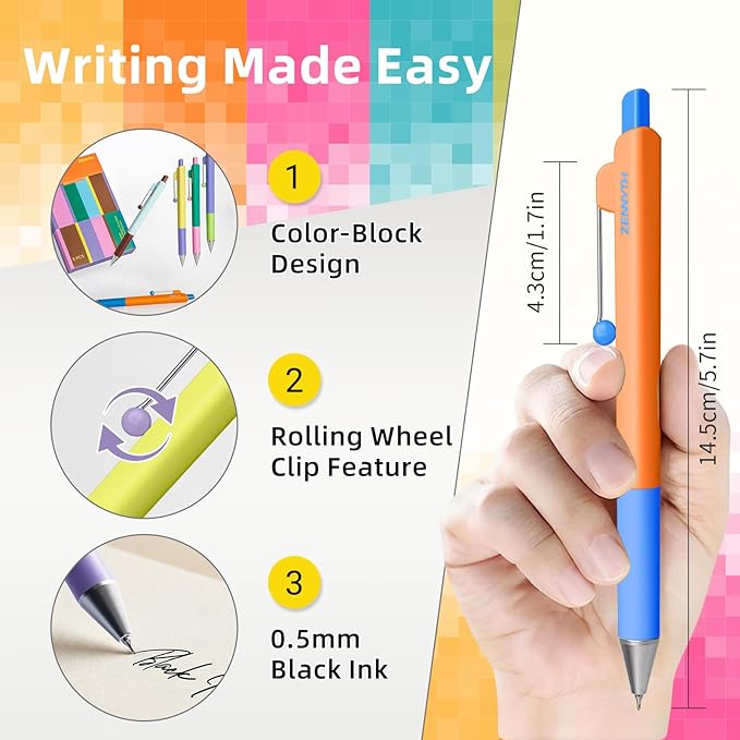 Gel Pens, 5 Pcs 0.5mm Black Ink Fine Point Pens Quick-Drying Retractable Pens with Diamond-Shaped Barrel, Smooth Writing Pens for Journaling & Note Taking (5 Pcs Z3 Color-Block)