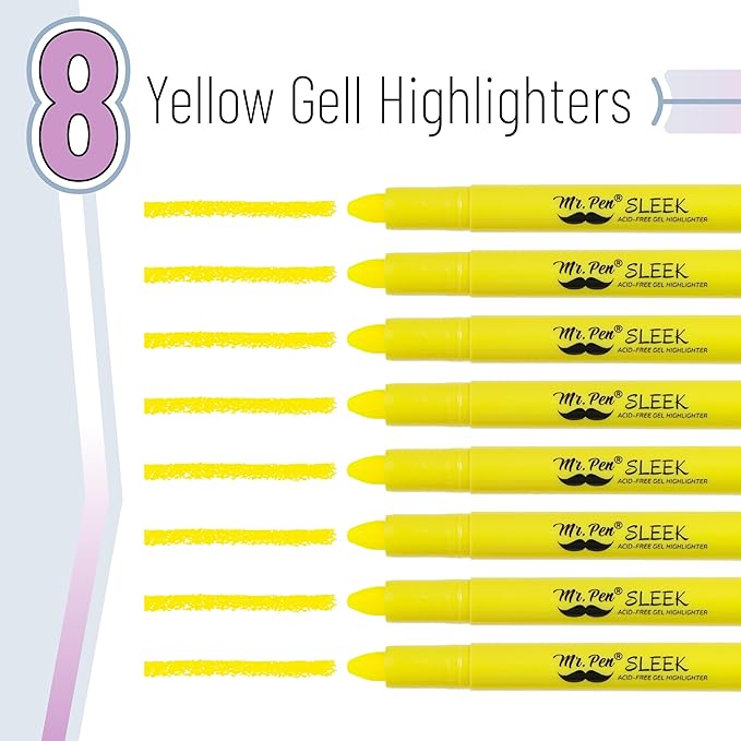 Mr. Pen- No Bleed Gel Bible Highlighters, Yellow, Pack of 8