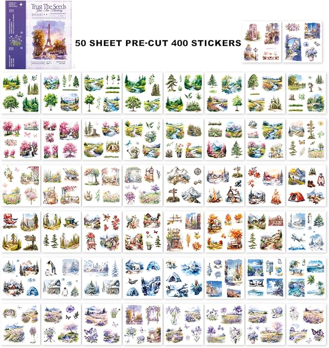 Scrapbook Stickers 50 Sheets Seasonal Landscape Sticker 400 Pre-Cut Washi Stickers Scrapbooking Supplies Collage Decorative DIY Arts Craft Making