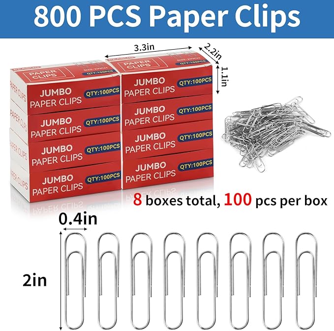 800 Pcs Jumbo Paper Clips, Large Smooth Paperclips for Home, School and Office Use, 2" Rustproof Metal Silver Paper Clips,8 Boxes of 100 Each, 2.0 inch