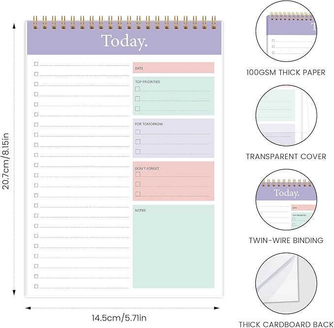 KMQOY To Do List Notepad - 2 Pack Daily Planner Pad Undated 52 Sheets Spiral Today Planner Note Pad Premium Thick Paper 6.5" x 9.8" For Work and Personal Organized - purple
